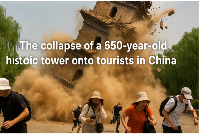 The collapse of a 650-year-old historic tower onto tourists in China.